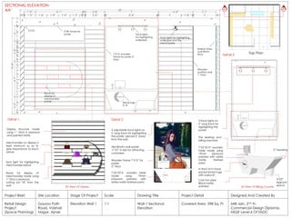 Site Location
Gaurav Path
Road, Vaishali
Nagar, Ajmer
Stage Of Project
Elevation Wall 1
Project Brief:
Retail Design
Project
(Space Planning)
Project Detail
Covered Area- 598 Sq. Ft.
Designed And Created By
Milli Jain, 2nd Yr.
Commercial Design Diploma,
NSQF Level 6 Of NSDC
Scale
1:1
Drawing Title
Wall-1 Sectional
Elevation
A’A
Top Plan
SECTIONAL ELEVATION
AA’
2’X8’ frame for
poster
Brand logo
R- 8”
Racks for
display of
merchandise
6”X18”
Track lights
For highlighting
wallpaper
Wooden
partition wall
1” thick
Exterior Glass
wall 30mm
thick
Racks for display of
merchandise made using
1” thick 6 plywood.
Jutting out 18” from the
wall
3D View Of Display
Display structure made
using 1” thick 6 plywood
and painted white.
Merchandise on display is
kept minimum so as to
give importance to each
article
Spot light for highlighting
merchandise below
7’X2’X2’6” wooden
table made using
19mm plywood
painted with white
matte finished
paint.
3D View Of Billing Counter
In front of it I have
paced brand logo
with radius 8”.
The desktop and
billing machine
4”X3”
legroom
space
3” beading
Cast iron pipe.
Black matte
painted
7’X12’ wooden
frame for poster 2”
thick
3 track lights on
5’ long track for
highlighting the
poster
Detail 1 Detail 2
3 adjustable track lights on
5’ long track for highlighting
the poster, placed 2’ away
from the wall.
Alia Bhatt's wall poster
11’X7’ in size for attracting
customers.
7’X2’X2’6” wooden table
made using 19mm
plywood painted with
white matte finished paint.
Wooden frame 7’X12’ for
poster
2” thick
Detail 3
CCTV
Track lights for highlighting
wallpaper and the
merchandise
 