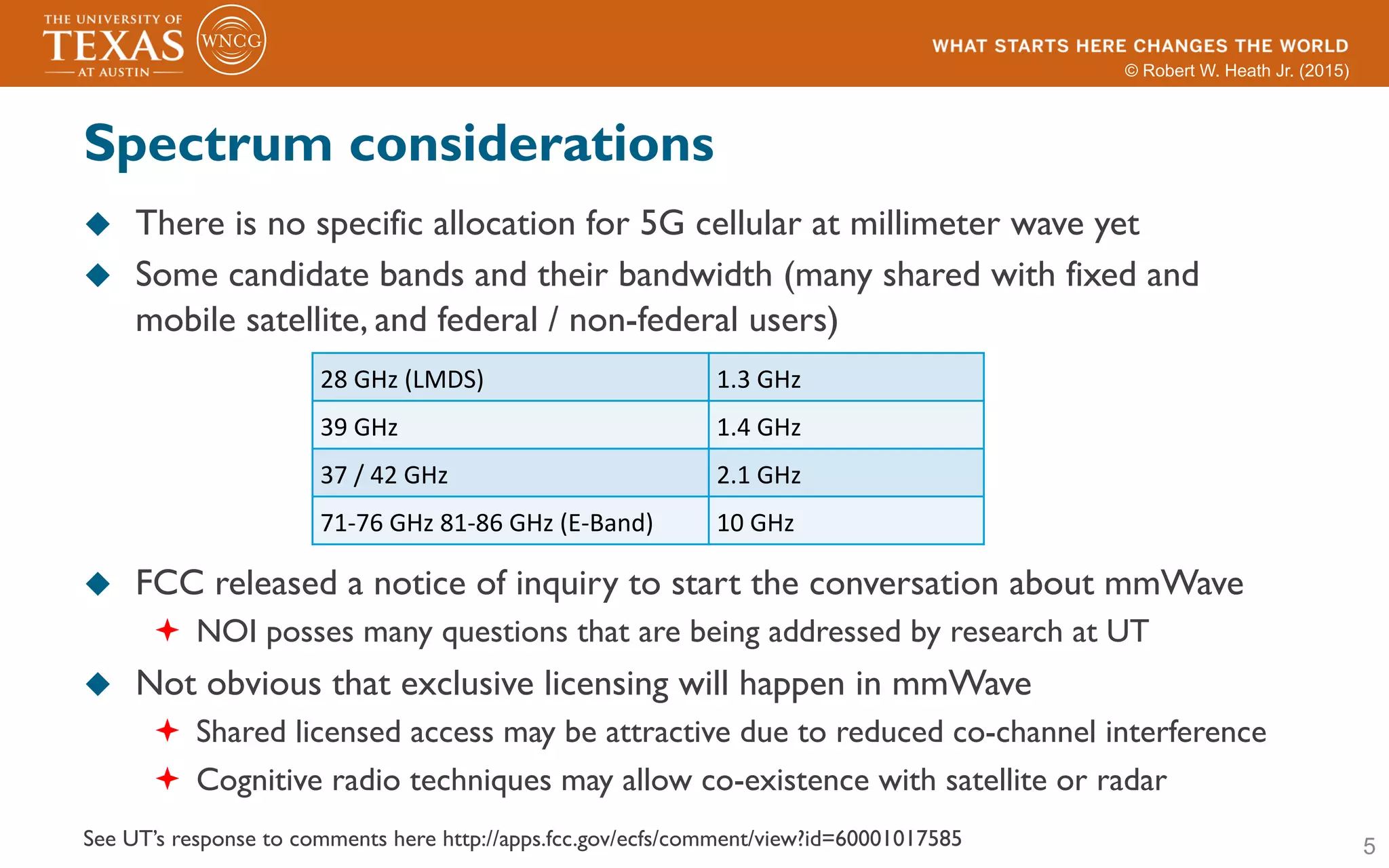 © Robert W. Heath Jr. (2015)
Spectrum considerations
u  There is no specific allocation for 5G cellular at millimeter wave yet
u  Some candidate bands and their bandwidth (many shared with fixed and
mobile satellite, and federal / non-federal users)
u  FCC released a notice of inquiry to start the conversation about mmWave
ª  NOI posses many questions that are being addressed by research at UT
u  Not obvious that exclusive licensing will happen in mmWave
ª  Shared licensed access may be attractive due to reduced co-channel interference
ª  Cognitive radio techniques may allow co-existence with satellite or radar
5See UT’s response to comments here http://apps.fcc.gov/ecfs/comment/view?id=60001017585
28	
  GHz	
  (LMDS) 1.3	
  GHz
39	
  GHz 1.4	
  GHz
37	
  /	
  42	
  GHz 2.1	
  GHz
71-­‐76	
  GHz	
  81-­‐86	
  GHz	
  (E-­‐Band) 10	
  GHz
 