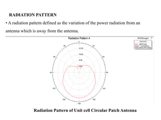RADIATION PATTERN
• A radiation pattern defined as the variation of the power radiation from an
antenna which is away from the antenna.
Radiation Pattern of Unit cell Circular Patch Antenna
 