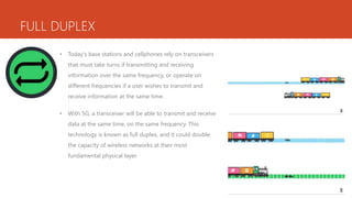 FULL DUPLEX
• Today's base stations and cellphones rely on transceivers
that must take turns if transmitting and receiving
information over the same frequency, or operate on
different frequencies if a user wishes to transmit and
receive information at the same time.
• With 5G, a transceiver will be able to transmit and receive
data at the same time, on the same frequency. This
technology is known as full duplex, and it could double
the capacity of wireless networks at their most
fundamental physical layer.
 