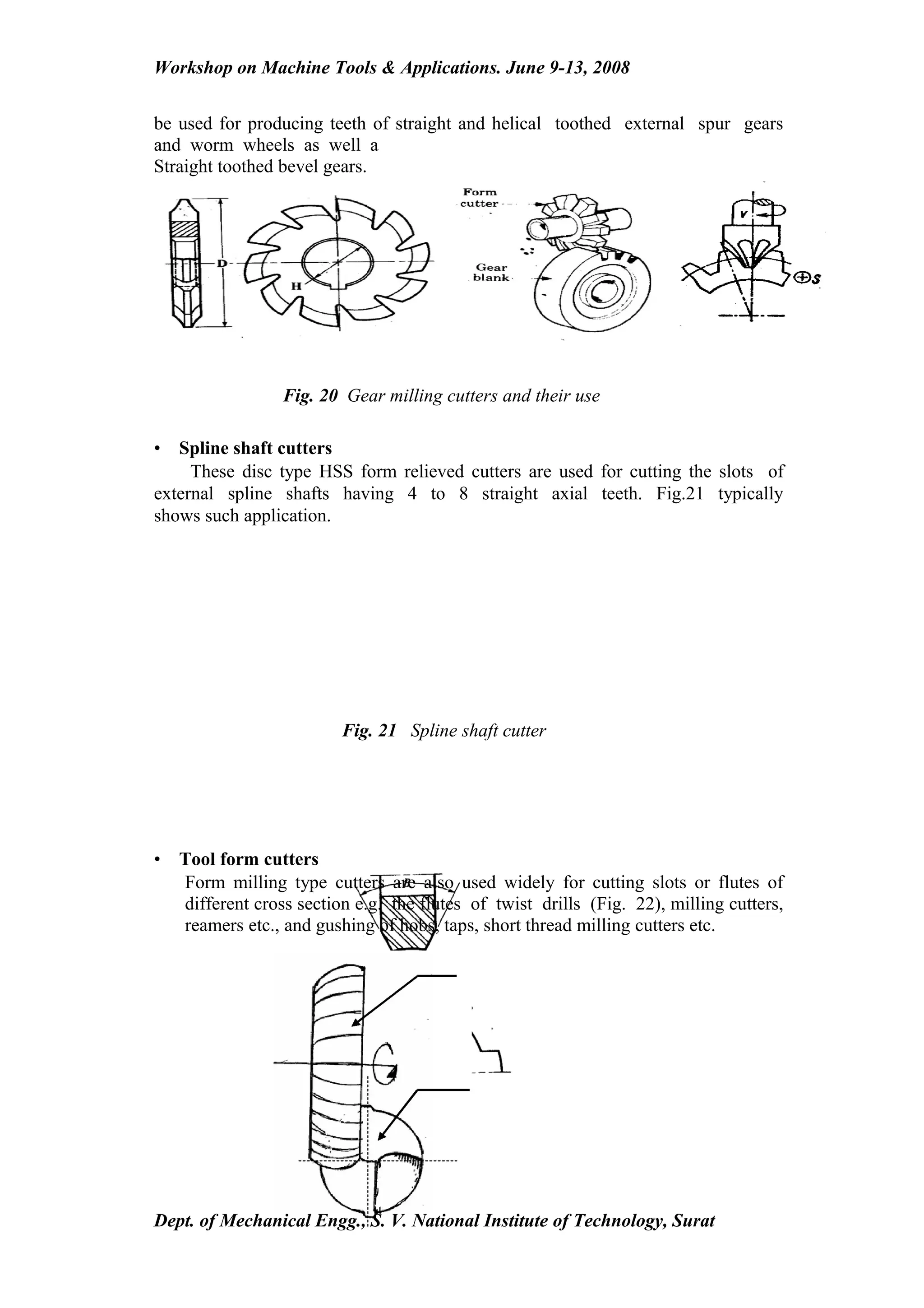 Workshop on Machine Tools & Applications. June 9-13, 2008


be used for producing teeth of straight and helical toothed external spur gears
and worm wheels as well a
Straight toothed bevel gears.




                  Fig. 20 Gear milling cutters and their use

•  Spline shaft cutters
     These disc type HSS form relieved cutters are used for cutting the slots of
external spline shafts having 4 to 8 straight axial teeth. Fig.21 typically
shows such application.




                          Fig. 21 Spline shaft cutter




•   Tool form cutters
    Form milling type cutters are also used widely for cutting slots or flutes of
    different cross section e.g. the flutes of twist drills (Fig. 22), milling cutters,
    reamers etc., and gushing of hobs, taps, short thread milling cutters etc.




Dept. of Mechanical Engg., S. V. National Institute of Technology, Surat
 