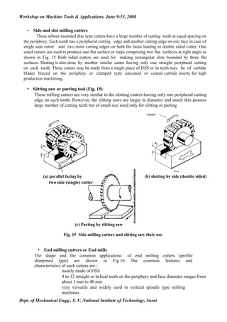 Workshop on Machine Tools & Applications. June 9-13, 2008


    •   Side and slot milling cutters
          These arbour mounted disc type cutters have a large number of cutting teeth at equal spacing on
  the periphery. Each tooth has a peripheral cutting edge and another cutting edge on one face in case of
  single side cutter and two more cutting edges on both the faces leading to double sided cutter. One
  sided cutters are used to produce one flat surface or steps comprising two flat surfaces at right angle as
  shown in Fig. 15 Both sided cutters are used for making rectangular slots bounded by three flat
  surfaces. Slotting is also done by another similar cutter having only one straight peripheral cutting
  on each tooth. These cutters may be made from a single piece of HSS or its teeth may be of carbide
  blades brazed on the periphery or clamped type uncoated or coated carbide inserts for high
  production machining.

    • Slitting saw or parting tool (Fig. 15)
       These milling cutters are very similar to the slotting cutters having only one peripheral cutting
       edge on each tooth. However, the slitting saws are larger in diameter and much thin possess
       large number of cutting teeth but of small size used only for slitting or parting




             (a) parallel facing by                                     (b) slotting by side (double sided)
                 two side (single) cutter




                               (c) Parting by slitting saw

                         Fig. 15 Side milling cutters and slitting saw their use


          • End milling cutters or End mills
        The shape and the common applications of end milling cutters (profile
        sharpened type) are shown in Fig.16 The common features and
        characteristics of such cutters are :
                        mostly made of HSS
                        4 to 12 straight or helical teeth on the periphery and face diameter ranges from
                        about 1 mm to 40 mm
                        very versatile and widely used in vertical spindle type milling
                        machines
Dept. of Mechanical Engg., S. V. National Institute of Technology, Surat
 