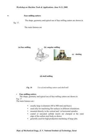 Workshop on Machine Tools & Applications. June 9-13, 2008



•                 Face milling cutters

                   The shape, geometry and typical use of face milling cutters are shown in
    fig. 17.

                   The main features are




           (a) face milling                (b) angular milling


                                                                               (c) slotting




                                     (d) shell milling




                     Fig. 16       Use of end milling cutters and shell mill


       •   Face milling cutters
            The shape, geometry and typical use of face milling cutters are shown in
       Fig. 17
       The main features are :

                      •   usually large in diameter (80 to 800 mm) and heavy
                      •   used only for machining flat surfaces in different orientations
                      •   mounted directly in the vertical and / or horizontal spindles
                      •   coated or uncoated carbide inserts are clamped at the outer
                          edge of the carbon steel body as shown
                      •   generally used for high production machining of large jobs.




        Dept. of Mechanical Engg., S. V. National Institute of Technology, Surat
 