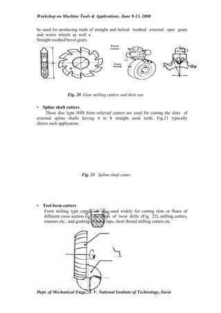 Workshop on Machine Tools & Applications. June 9-13, 2008


be used for producing teeth of straight and helical toothed external spur gears
and worm wheels as well a
Straight toothed bevel gears.




                  Fig. 20 Gear milling cutters and their use

•  Spline shaft cutters
     These disc type HSS form relieved cutters are used for cutting the slots of
external spline shafts having 4 to 8 straight axial teeth. Fig.21 typically
shows such application.




                          Fig. 21 Spline shaft cutter




•   Tool form cutters
    Form milling type cutters are also used widely for cutting slots or flutes of
    different cross section e.g. the flutes of twist drills (Fig. 22), milling cutters,
    reamers etc., and gushing of hobs, taps, short thread milling cutters etc.




Dept. of Mechanical Engg., S. V. National Institute of Technology, Surat
 