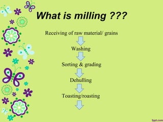 What is milling ???
Receiving of raw material/ grains
Washing
Sorting & grading
Dehulling
Toasting/roasting
 