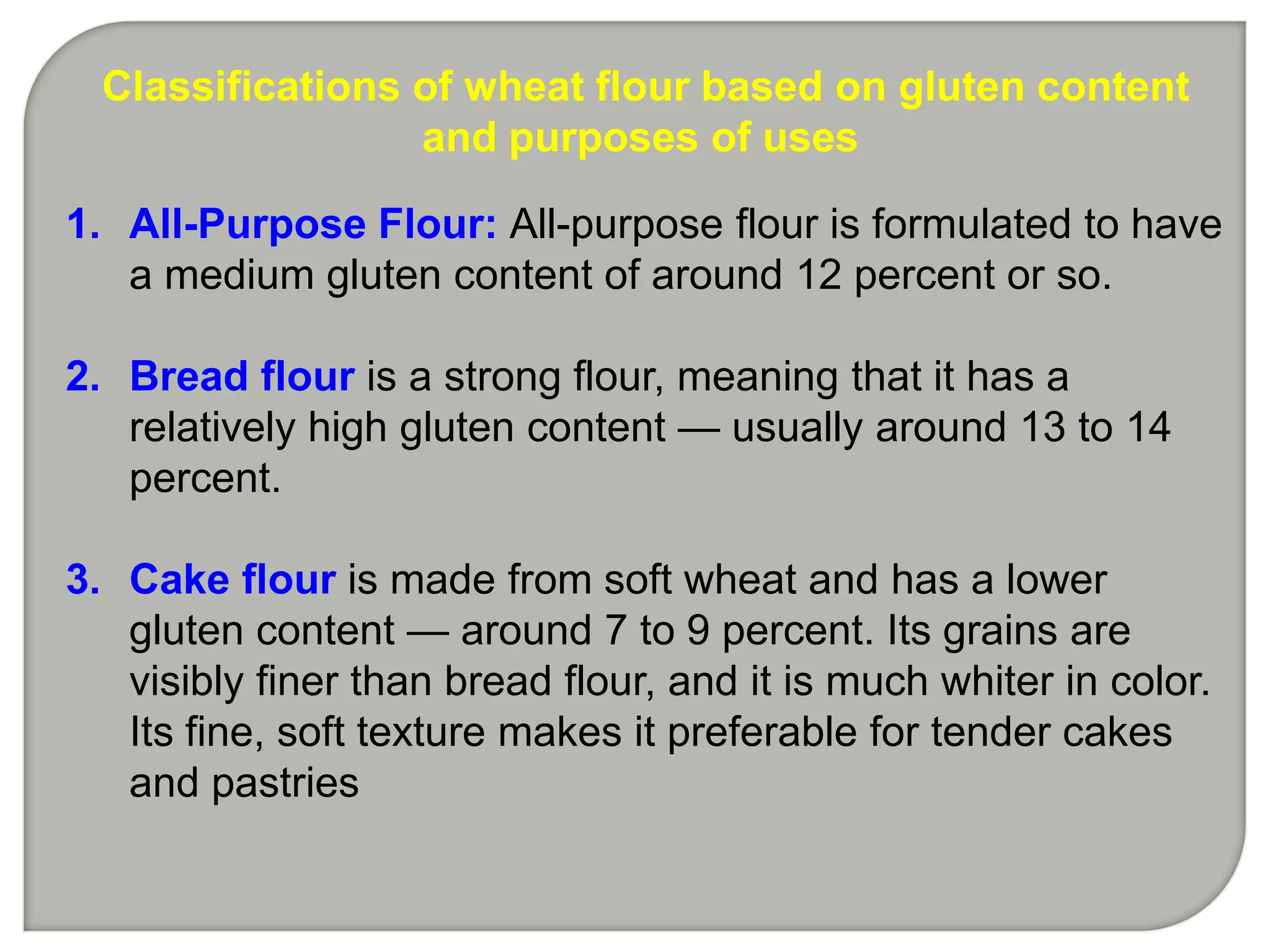 Classifications of wheat flour based on gluten content
                  and purposes of uses

1. All-Purpose Flour: All-purpose flour is formulated to have
   a medium gluten content of around 12 percent or so.

2. Bread flour is a strong flour, meaning that it has a
   relatively high gluten content — usually around 13 to 14
   percent.

3. Cake flour is made from soft wheat and has a lower
   gluten content — around 7 to 9 percent. Its grains are
   visibly finer than bread flour, and it is much whiter in color.
   Its fine, soft texture makes it preferable for tender cakes
   and pastries
 