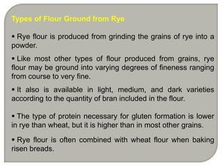Types of Flour Ground from Rye

 Rye flour is produced from grinding the grains of rye into a
powder.
 Like most other types of flour produced from grains, rye
flour may be ground into varying degrees of fineness ranging
from course to very fine.
 It also is available in light, medium, and dark varieties
according to the quantity of bran included in the flour.

 The type of protein necessary for gluten formation is lower
in rye than wheat, but it is higher than in most other grains.

 Rye flour is often combined with wheat flour when baking
risen breads.
 