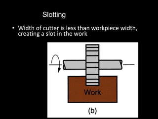 • Width of cutter is less than workpiece width,
creating a slot in the work
Slotting
 