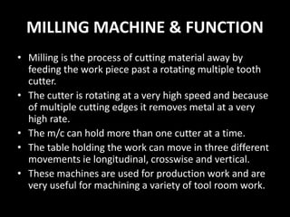 MILLING MACHINE & FUNCTION
• Milling is the process of cutting material away by
feeding the work piece past a rotating multiple tooth
cutter.
• The cutter is rotating at a very high speed and because
of multiple cutting edges it removes metal at a very
high rate.
• The m/c can hold more than one cutter at a time.
• The table holding the work can move in three different
movements ie longitudinal, crosswise and vertical.
• These machines are used for production work and are
very useful for machining a variety of tool room work.
 