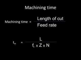 Machining time
Machining time =
tm =
Length of cut
Feed rate
L
ft x Z x N
 