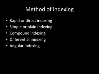 Method of indexing
• Rapid or direct indexing
• Simple or plain indexing
• Compound indexing
• Differential indexing
• Angular indexing
 