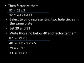 • Then factorize them
87 = 29 x 3
40 = 2 x 2 x 2 x 5
• Select two no representing two hole circles in
the same plate
• Let 29 and 33
• Write those no below 40 and factorize them
87 = 29 x 3
40 = 2 x 2 x 2 x 5
29 = 29 x 1
33 = 11 x 3
 