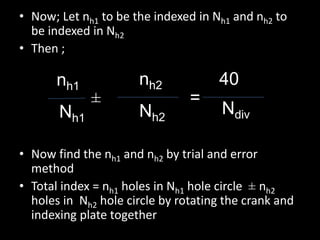 • Now; Let nh1 to be the indexed in Nh1 and nh2 to
be indexed in Nh2
• Then ;
• Now find the nh1 and nh2 by trial and error
method
• Total index = nh1 holes in Nh1 hole circle ± nh2
holes in Nh2 hole circle by rotating the crank and
indexing plate together
nh1
Nh1 Nh2
nh2
Ndiv
40
=
±
 