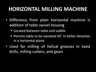 HORIZONTAL MILLING MACHINE
• Difference from plain horizontal machine is
addition of table swivel housing
▪ Located between table and saddle
▪ Permits table to be swiveled 45° in either direction
in a horizontal plane
• Used for milling of helical grooves in twist
drills, milling cutters, and gears
 