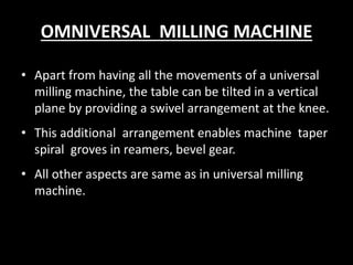 OMNIVERSAL MILLING MACHINE
• Apart from having all the movements of a universal
milling machine, the table can be tilted in a vertical
plane by providing a swivel arrangement at the knee.
• This additional arrangement enables machine taper
spiral groves in reamers, bevel gear.
• All other aspects are same as in universal milling
machine.
 