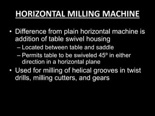 • Difference from plain horizontal machine is
addition of table swivel housing
– Located between table and saddle
– Permits table to be swiveled 45º in either
direction in a horizontal plane
• Used for milling of helical grooves in twist
drills, milling cutters, and gears
HORIZONTAL MILLING MACHINE
 