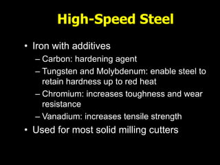 High-Speed Steel
• Iron with additives
– Carbon: hardening agent
– Tungsten and Molybdenum: enable steel to
retain hardness up to red heat
– Chromium: increases toughness and wear
resistance
– Vanadium: increases tensile strength
• Used for most solid milling cutters
 
