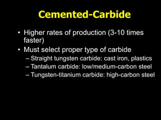Cemented-Carbide
• Higher rates of production (3-10 times
faster)
• Must select proper type of carbide
– Straight tungsten carbide: cast iron, plastics
– Tantalum carbide: low/medium-carbon steel
– Tungsten-titanium carbide: high-carbon steel
 