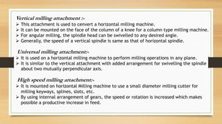 Vertical milling attachment :-
 This attachment is used to cenvert a horizontal milling machine.
 It can be mounted on the face of the column of a knee for a column type milling machine.
 For angular milling, the spindle head can be swivelled to any desired angle.
 Generally, the speed of a vertical spindle is same as that of horizontal spindle.
Universal milling attachment:-
 It is used on a horizontal milling machine to perform milling operations in any plane.
 It is similar to the vertical attachment with added arrangement for swivelling the spindle
about two mutually perpendicular axis.
High speed milling attachment:-
 It is mounted on horizontal Milling machine to use a small diameter milling cutter for
milling keyways, splines, slots, etc.
 By using internal arrangement of gears, the speed or rotation is increased which makes
possible a productive increase in feed.
 