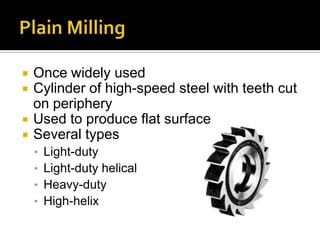 Plain MillingOnce widely used Cylinder of high-speed steel with teeth cut on peripheryUsed to produce flat surfaceSeveral typesLight-duty