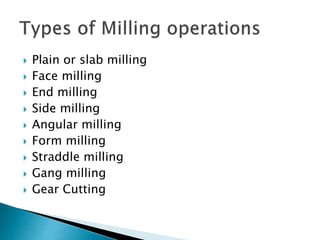  Plain or slab milling
 Face milling
 End milling
 Side milling
 Angular milling
 Form milling
 Straddle milling
 Gang milling
 Gear Cutting
 