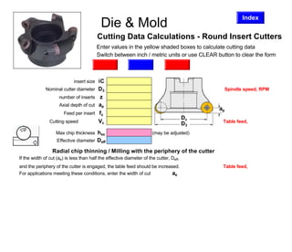 Dieand Mould
                                           Die & Mold                                                     Index


                                         Cutting Data Calculations - Round Insert Cutters
                                         Enter values in the yellow shaded boxes to calculate cutting data
                                         Switch between inch / metric units or use CLEAR button to clear the form
                                          Inch             CLEAR               Metric
                                                        inch
                             insert size iC           .375
              Nominal cutter diameter D3             1.250                                        Spindle speed, RPM
                     number of inserts  z               2                                             8343.923921515736
                     Axial depth of cut ap           0.060
                                                                                                 ap
                       Feed per insert fz             0.03
                                                                                         Dc
                Cutting speed (ft/min) Vc             2512                                        Table feed, inches/min
                                                                                         D3
                                                                                                      500.63543529094414
                   Max chip thickness hex               (may be adjusted)
                                            0.02199636333578803
                                       Deff
                    Effective diameter 1.1499545416973505

                 Radial chip thinning / Milling with the periphery of the cutter
If the width of cut (ae) is less than half the effective diameter of the cutter, Deff,
and the periphery of the cutter is engaged, the table feed should be increased.                   Table feed, inches/min
For applications meeting these conditions, enter the width of cut           ae           .6250        500.63543529094414
 