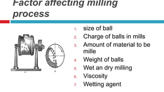 Factor affecting milling
process
1. size of ball
2. Charge of balls in mills
3. Amount of material to be
mille
4. Weight of balls
5. Wet an dry milling
6. Viscosity
7. Wetting agent
 