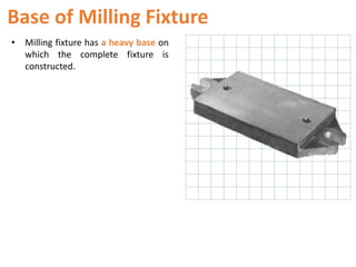 Base of Milling Fixture
• Milling fixture has a heavy base on
which the complete fixture is
constructed.
 