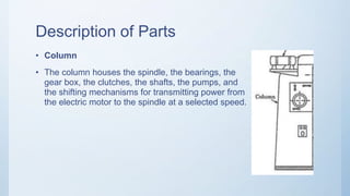 Description of Parts
• Column
• The column houses the spindle, the bearings, the
gear box, the clutches, the shafts, the pumps, and
the shifting mechanisms for transmitting power from
the electric motor to the spindle at a selected speed.
 