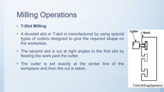 Milling Operations
• T-Slot Milling
• A dovetail slot or T-slot is manufactured by using special
types of cutters designed to give the required shape on
the workpiece.
• The second slot is cut at right angles to the first slot by
feeding the work past the cutter.
• The cutter is set exactly at the center line of the
workpiece and then the cut is taken.
 