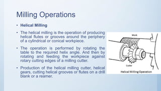 Milling Operations
• Helical Milling
• The helical milling is the operation of producing
helical flutes or grooves around the periphery
of a cylindrical or conical workpiece.
• The operation is performed by rotating the
table to the required helix angle. And then by
rotating and feeding the workpiece against
rotary cutting edges of a milling cutter.
• Production of the helical milling cutter, helical
gears, cutting helical grooves or flutes on a drill
blank or a reamer.
 
