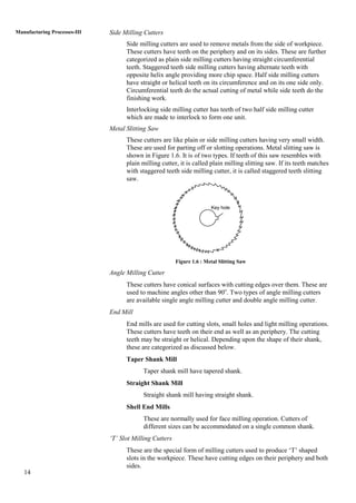 14
Manufacturing Processes-III Side Milling Cutters
Side milling cutters are used to remove metals from the side of workpiece.
These cutters have teeth on the periphery and on its sides. These are further
categorized as plain side milling cutters having straight circumferential
teeth. Staggered teeth side milling cutters having alternate teeth with
opposite helix angle providing more chip space. Half side milling cutters
have straight or helical teeth on its circumference and on its one side only.
Circumferential teeth do the actual cutting of metal while side teeth do the
finishing work.
Interlocking side milling cutter has teeth of two half side milling cutter
which are made to interlock to form one unit.
Metal Slitting Saw
These cutters are like plain or side milling cutters having very small width.
These are used for parting off or slotting operations. Metal slitting saw is
shown in Figure 1.6. It is of two types. If teeth of this saw resembles with
plain milling cutter, it is called plain milling slitting saw. If its teeth matches
with staggered teeth side milling cutter, it is called staggered teeth slitting
saw.
Figure 1.6 : Metal Slitting Saw
Angle Milling Cutter
These cutters have conical surfaces with cutting edges over them. These are
used to machine angles other than 90o
. Two types of angle milling cutters
are available single angle milling cutter and double angle milling cutter.
End Mill
End mills are used for cutting slots, small holes and light milling operations.
These cutters have teeth on their end as well as an periphery. The cutting
teeth may be straight or helical. Depending upon the shape of their shank,
these are categorized as discussed below.
Taper Shank Mill
Taper shank mill have tapered shank.
Straight Shank Mill
Straight shank mill having straight shank.
Shell End Mills
These are normally used for face milling operation. Cutters of
different sizes can be accommodated on a single common shank.
‘T’ Slot Milling Cutters
These are the special form of milling cutters used to produce „T‟ shaped
slots in the workpiece. These have cutting edges on their periphery and both
sides.
Key hole
 