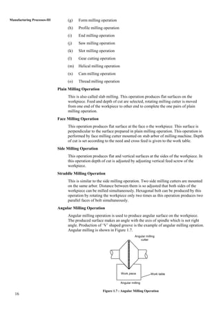 16
Manufacturing Processes-III (g) Form milling operation
(h) Profile milling operation
(i) End milling operation
(j) Saw milling operation
(k) Slot milling operation
(l) Gear cutting operation
(m) Helical milling operation
(n) Cam milling operation
(o) Thread milling operation
Plain Milling Operation
This is also called slab milling. This operation produces flat surfaces on the
workpiece. Feed and depth of cut are selected, rotating milling cutter is moved
from one end of the workpiece to other end to complete the one pairs of plain
milling operation.
Face Milling Operation
This operation produces flat surface at the face o the workpiece. This surface is
perpendicular to the surface prepared in plain milling operation. This operation is
performed by face milling cutter mounted on stub arbor of milling machine. Depth
of cut is set according to the need and cross feed is given to the work table.
Side Milling Operation
This operation produces flat and vertical surfaces at the sides of the workpiece. In
this operation depth of cut is adjusted by adjusting vertical feed screw of the
workpiece.
Straddle Milling Operation
This is similar to the side milling operation. Two side milling cutters are mounted
on the same arbor. Distance between them is so adjusted that both sides of the
workpiece can be milled simultaneously. Hexagonal bolt can be produced by this
operation by rotating the workpiece only two times as this operation produces two
parallel faces of bolt simultaneously.
Angular Milling Operation
Angular milling operation is used to produce angular surface on the workpiece.
The produced surface makes an angle with the axis of spindle which is not right
angle. Production of „V‟ shaped groove is the example of angular milling opration.
Angular milling is shown in Figure 1.7.
Figure 1.7 : Angular Milling Operation
Angular milling
cutter
Work piece Work table
Angular milling
 