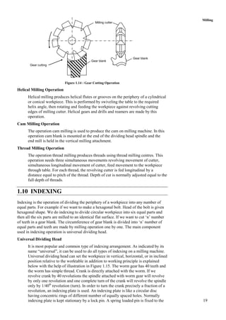 19
Milling
Figure 1.14 : Gear Cutting Operation
Helical Milling Operation
Helical milling produces helical flutes or grooves on the periphery of a cylindrical
or conical workpiece. This is performed by swiveling the table to the required
helix angle, then rotating and feeding the workpiece against revolving cutting
edges of milling cutter. Helical gears and drills and reamers are made by this
operation.
Cam Milling Operation
The operation cam milling is used to produce the cam on milling machine. In this
operation cam blank is mounted at the end of the dividing head spindle and the
end mill is held in the vertical milling attachment.
Thread Milling Operation
The operation thread milling produces threads using thread milling centres. This
operation needs three simultaneous movements revolving movement of cutter,
simultaneous longitudinal movement of cutter, feed movement to the workpiece
through table. For each thread, the revolving cutter is fed longitudinal by a
distance equal to pitch of the thread. Depth of cut is normally adjusted equal to the
full depth of threads.
1.10 INDEXING
Indexing is the operation of dividing the periphery of a workpiece into any number of
equal parts. For example if we want to make a hexagonal bolt. Head of the bolt is given
hexagonal shape. We do indexing to divide circular workpiece into six equal parts and
then all the six parts are milled to an identical flat surface. If we want to cut „n‟ number
of teeth in a gear blank. The circumference of gear blank is divided into „n‟ number of
equal parts and teeth are made by milling operation one by one. The main component
used in indexing operation is universal dividing head.
Universal Dividing Head
It is most popular and common type of indexing arrangement. As indicated by its
name “universal”, it can be used to do all types of indexing on a milling machine.
Universal dividing head can set the workpiece in vertical, horizontal, or in inclined
position relative to the worktable in addition to working principle is explained
below with the help of illustration in Figure 1.15. The worm gear has 40 teeth and
the worm has simple thread. Crank is directly attached with the worm. If we
revolve crank by 40 revolutions the spindle attached with worm gear will revolve
by only one revolution and one complete turn of the crank will revolve the spindle
only by 1/40th
revolution (turn). In order to turn the crank precisely a fraction of a
revolution, an indexing plate is used. An indexing plate is like a circular disc
having concentric rings of different number of equally spaced holes. Normally
indexing plate is kept stationary by a lock pin. A spring loaded pin is fixed to the
Gear cutting
Milling cutter
Gear blank
Gear blank
 