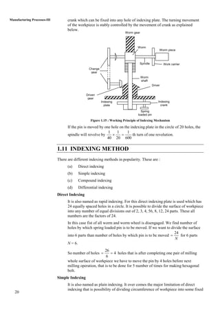 20
Manufacturing Processes-III crank which can be fixed into any hole of indexing plate. The turning movement
of the workpiece is stably controlled by the movement of crank as explained
below.
Figure 1.15 : Working Principle of Indexing Mechanism
If the pin is moved by one hole on the indexing plate in the circle of 20 holes, the
spindle will revolve by
1 1 1
40 20 600
  th turn of one revolution.
1.11 INDEXING METHOD
There are different indexing methods in popularity. These are :
(a) Direct indexing
(b) Simple indexing
(c) Compound indexing
(d) Differential indexing
Direct Indexing
It is also named as rapid indexing. For this direct indexing plate is used which has
24 equally spaced holes in a circle. It is possible to divide the surface of workpiece
into any number of equal divisions out of 2, 3, 4, 56, 8, 12, 24 parts. These all
numbers are the factors of 24.
In this case fist of all worm and worm wheel is disengaged. We find number of
holes by which spring loaded pin is to be moved. If we want to divide the surface
into 6 parts than number of holes by which pin is to be moved
24
N
 for 6 parts
N = 6.
So number of holes
26
4
6
  holes that is after completing one pair of milling
whole surface of workpiece we have to move the pin by 4 holes before next
milling operation, that is to be done for 5 number of times for making hexagonal
bolt.
Simple Indexing
It is also named as plain indexing. It over comes the major limitation of direct
indexing that is possibility of dividing circumference of workpiece into some fixed
Worm gear
Worm
Worm piece
Work carrierSpindle
Change
gear
Driven
gear
Driver
Worm
shaft
Indexing
crank
Spring
loaded pin
Indexing
plate
 