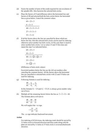 23
Milling(d) Factor the number of turns of the crank required for one revolution of
the spindle (40). Also factorize the selected hole circles.
(e) Place the factors of N and difference above the horizontal line and
factors of 40 and selected both the hole circles below the horizontal
line as given below. Cancel the common values.
69 23 3 
6 2 3 
40 2 2 2 5   
27 3 3 3  
33 3 11 
(f) If all the factors above the line are cancelled by those which are
below the line, then the selected hole circles can be used for indexing
otherwise select another two hole circles. In this case there is need to
select another hole circles. Let us select 23 and 33 this time and
repeat the step 5 as indicated below.
69 23 3 
10 2 5 
40 2 2 2 5   
22 23 1 
33 11 3 
(Difference of hole circle values)
Encircled numbers below the line are the left out numbers after
canceling the common factors. All the factors above the horizontal
line are cancelled so selected hole circles with 22 and 33 holes can
used for indexing.
(g) Following formula is used for indexing :
1 2
1 2
40
69
n n
N N
 
In this formula N1 = 23 and N2 = 33 (N1 is always given smaller value
out of two).
(h) Multiply all the remaining factors below the line as 2 2 11 44   .
The formula above will turn to
40 44 44
69 23 33
 
We will neglect the +ve sign.
21 11
1 1
23 33
 
The –ve sign indicates backward movement.
Action
For indexing of 69 divisions, the indexing crank should be moved by
21 holes circle in forward direction and then crank along with the
plate are moved by 11 holes in 33 hole circle is reversed (backward)
direction.
 