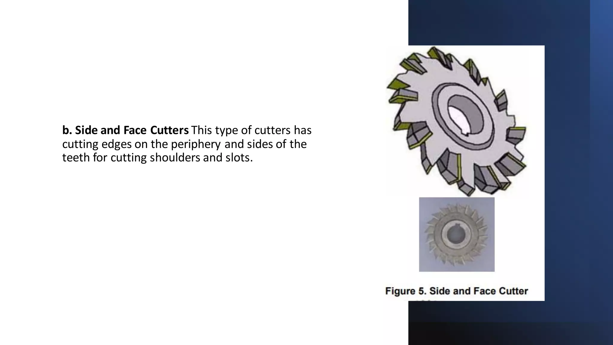 b. Side and Face Cutters This type of cutters has
cutting edges on the periphery and sides of the
teeth for cutting shoulders and slots.
 