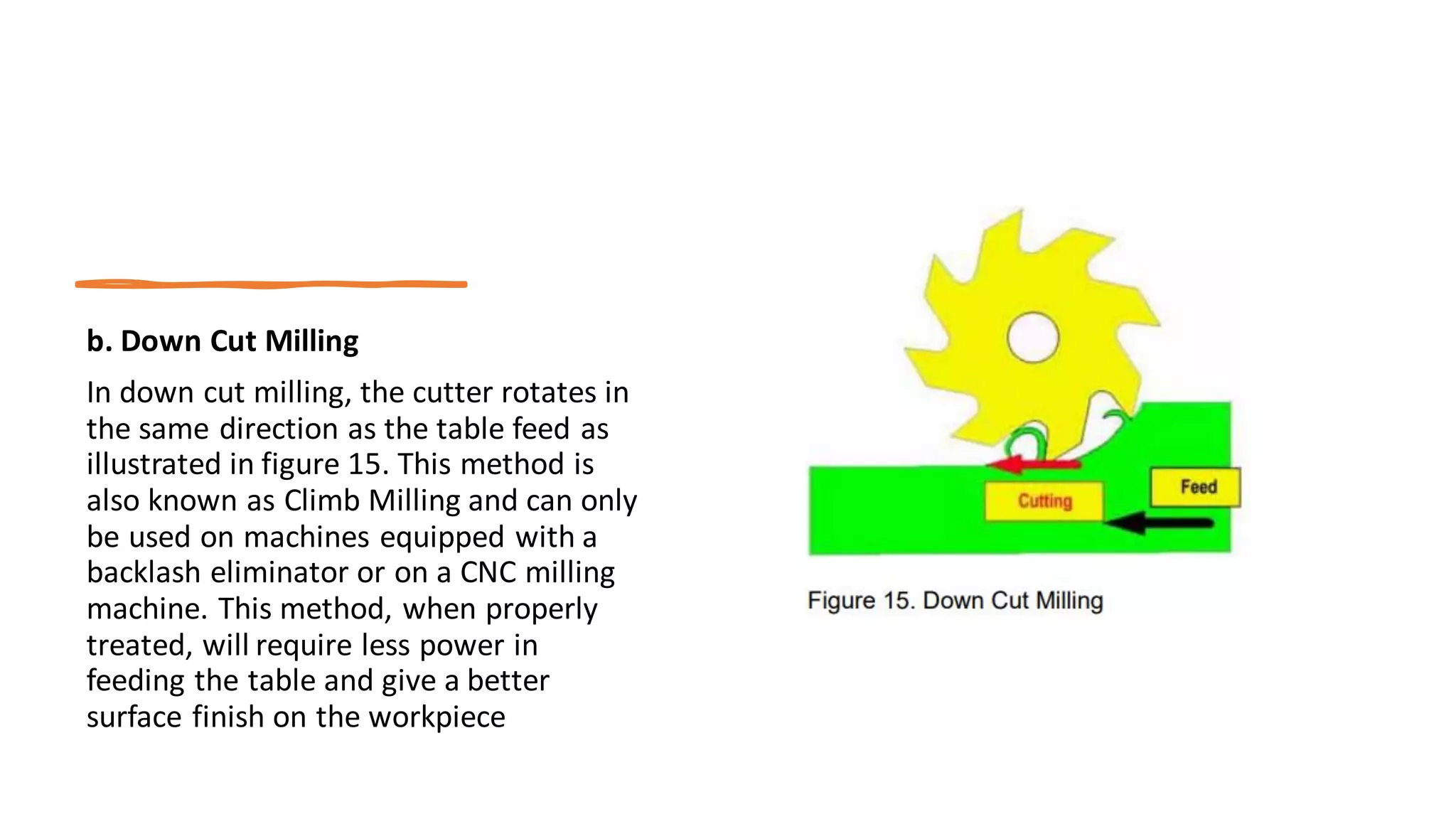 b. Down Cut Milling
In down cut milling, the cutter rotates in
the same direction as the table feed as
illustrated in figure 15. This method is
also known as Climb Milling and can only
be used on machines equipped with a
backlash eliminator or on a CNC milling
machine. This method, when properly
treated, will require less power in
feeding the table and give a better
surface finish on the workpiece
 