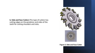 b. Side and Face Cutters This type of cutters has
cutting edges on the periphery and sides of the
teeth for cutting shoulders and slots.
 