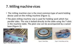 7. Milling machinevices
• The milling machine vise is the most common type of work holding
devise used on the milling machine (Figure 1).
• The plain milling machine vise is used for holding work which has
parallel sides. The vise is bolted directly to the table using the T-slots
in the machine table. The plain vise can be accompanied by a swivel
base (Figure 2).
 
