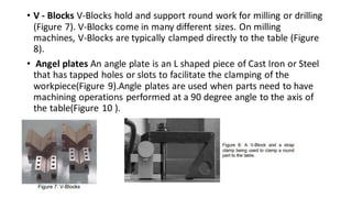 • V - Blocks V-Blocks hold and support round work for milling or drilling
(Figure 7). V-Blocks come in many different sizes. On milling
machines, V-Blocks are typically clamped directly to the table (Figure
8).
• Angel plates An angle plate is an L shaped piece of Cast Iron or Steel
that has tapped holes or slots to facilitate the clamping of the
workpiece(Figure 9).Angle plates are used when parts need to have
machining operations performed at a 90 degree angle to the axis of
the table(Figure 10 ).
 