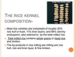 THE RICE KERNEL
COMPOSITION-
 Most rice varieties are composed of roughly 20%
rice hull or husk, 11% bran layers, and 69% starchy
endosperm, also referred to as the total milled rice.
 Total milled rice contains whole grains or head rice,
and broken.
 The by-products in rice milling are milling are rice
hull, rice and bran layer, & fine broken.
 