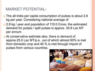 MARKET POTENTIAL-
 The all India per capita consumption of pulses is about 2.8
kg per year. Considering national average of
 2.8 kg / year and population of 110.0 Crore, the estimated
demand for pulses / split pulses is approx. 30.8 Lac MT
per annum.
 At conservative estimate also, there is demand of
approx.25.0 Lac MT/p.a , out of which almost 60% is met
from domestic crop and 40 % is met through import of
pulses from various countries.
 