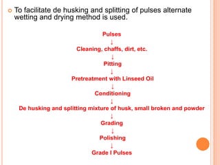  To facilitate de husking and splitting of pulses alternate
wetting and drying method is used.
Pulses
↓
Cleaning, chaffs, dirt, etc.
↓
Pitting
↓
Pretreatment with Linseed Oil
↓
Conditioning
↓
De husking and splitting mixture of husk, small broken and powder
↓
Grading
↓
Polishing
↓
Grade I Pulses
 