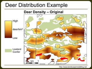 Deer Distribution Example
Deer Density – Original
Low
High
deer/km2
Lowland
Conifer
0 1km
http://www.landscapemodelling.net
 