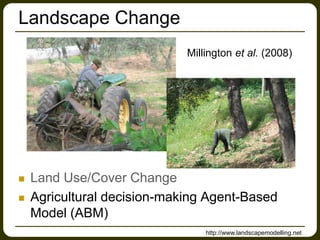 Landscape Change
 Land Use/Cover Change
 Agricultural decision-making Agent-Based
Model (ABM)
http://www.landscapemodelling.net
Millington et al. (2008)
 