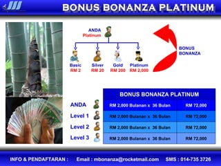 ANDA Level 1 Level 2 Level 3 BONUS BONANZA PLATINUM BONUS BONANZA PLATINUM RM 2,000 Bulanan x  36 Bulan RM 2,000 Bulanan x  36 Bulan RM 2,000 Bulanan x  36 Bulan RM 2,000 Bulanan x  36 Bulan RM 72,000 RM 72,000 RM 72,000 RM 72,000 ANDA Platinum Basic RM 2 Silver RM 20 Gold RM 200 Platinum RM 2,000 BONUS BONANZA 