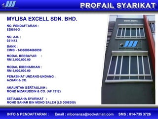 MYLISA EXCELL SDN. BHD. NO. PENDAFTARAN :  829610-X NO. AJL :  931413 BANK :  CIMB - 14360004060059 MODAL BERBAYAR  :  RM 2,000,000.00 MODAL DIBENARKAN :  RM 5,000,000.00 PENASIHAT UNDANG-UNDANG :  AZHAR & CO. AKAUNTAN BERTAULIAH :  MOHD NIZARUDDIN & CO. (AF 1312) SETIAUSAHA SYARIKAT  :  MOHD SAHAR BIN MOHD SALEH (LS 0008300) PROFAIL SYARIKAT 