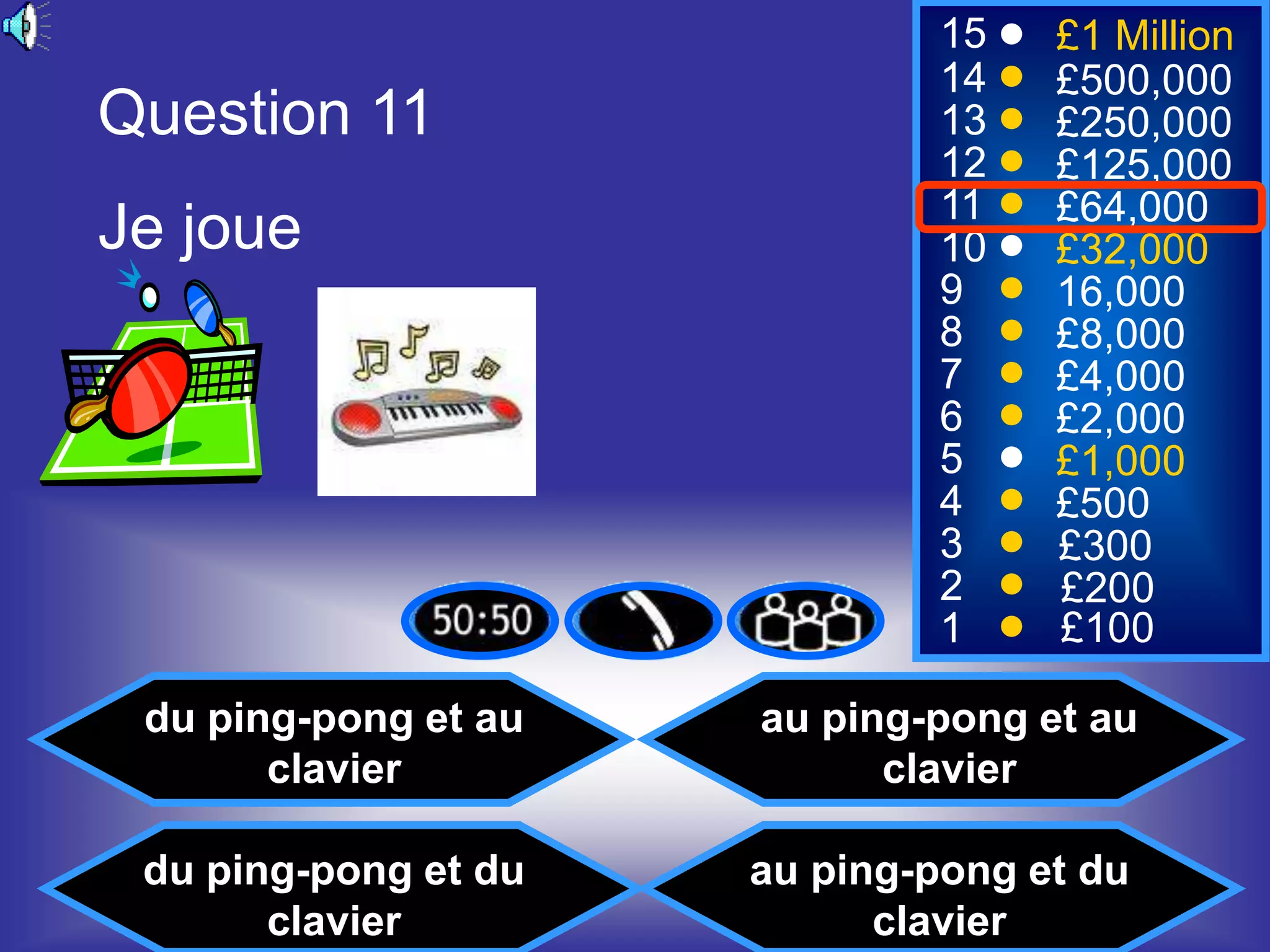 15   £1 Million
                               14   £500,000
Question 11                    13   £250,000
                               12   £125,000
                               11   £64,000
Je joue                        10   £32,000
                               9    16,000
                               8    £8,000
                               7    £4,000
                               6    £2,000
                               5    £1,000
                               4    £500
                               3    £300
                               2    £200
                               1    £100

 du ping-pong et au   au ping-pong et au
       clavier              clavier

 du ping-pong et du   au ping-pong et du
       clavier              clavier
 