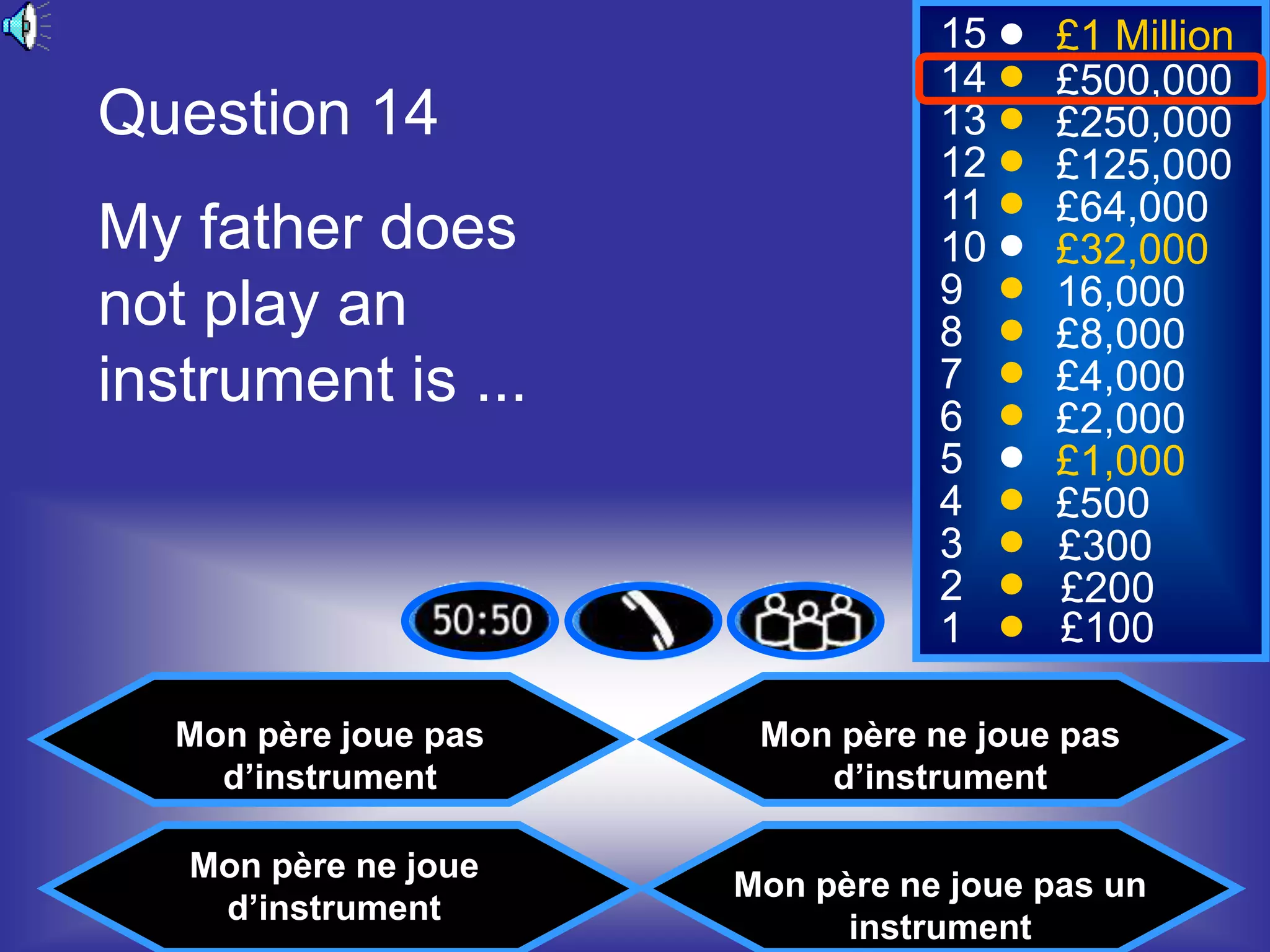 15    £1 Million
                                  14    £500,000
Question 14                       13    £250,000
                                  12    £125,000
                                  11    £64,000
My father does                    10    £32,000
not play an                       9     16,000
                                  8     £8,000
instrument is ...                 7
                                  6
                                        £4,000
                                        £2,000
                                  5     £1,000
                                  4     £500
                                  3     £300
                                  2     £200
                                  1     £100

   Mon père joue pas    Mon père ne joue pas
     d’instrument          d’instrument

   Mon père ne joue
                       Mon père ne joue pas un
    d’instrument
                             instrument
 